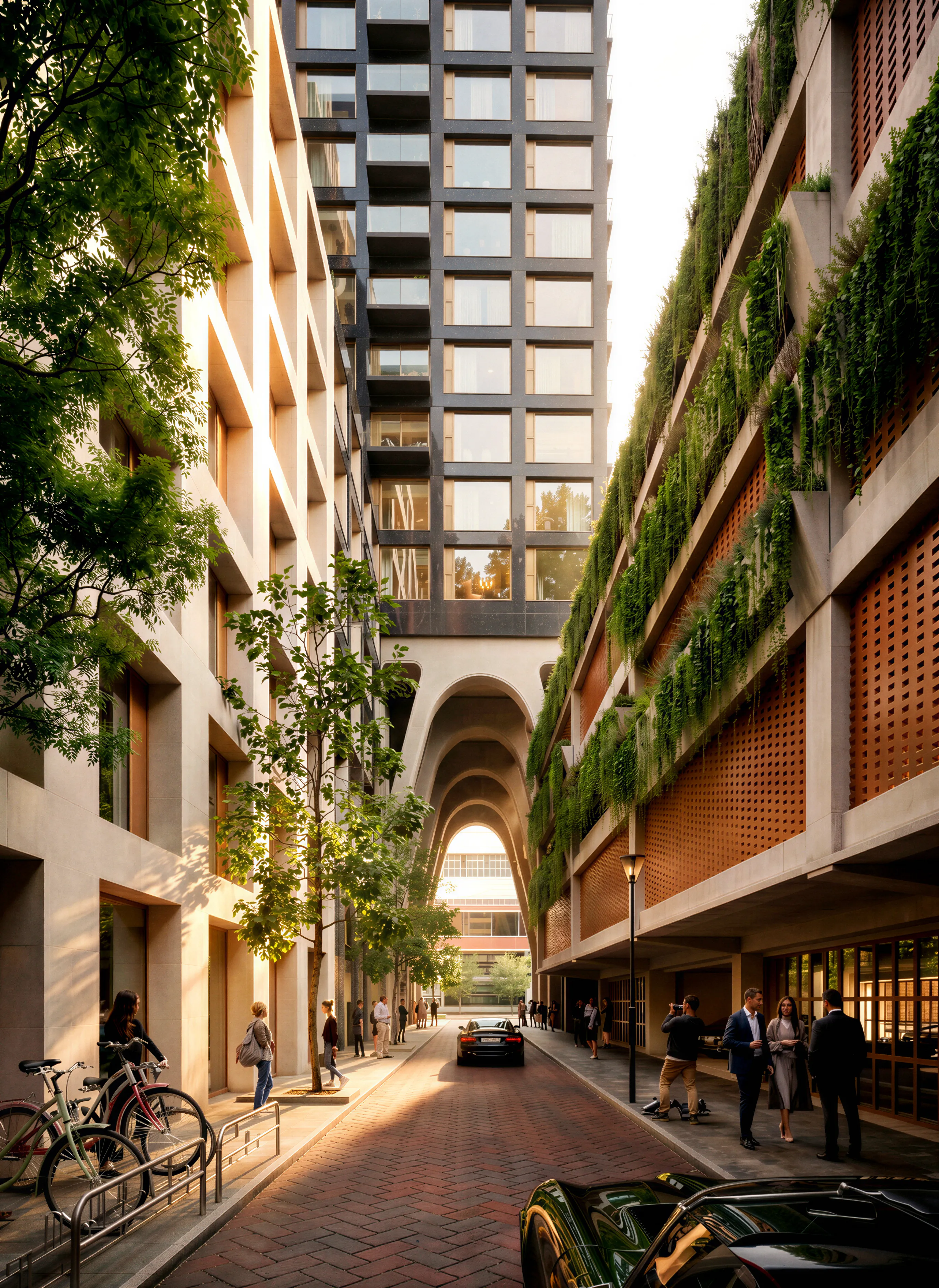 The BaanTower — straatniveau tussen de gevels met de woontoren erboven in Rotterdam